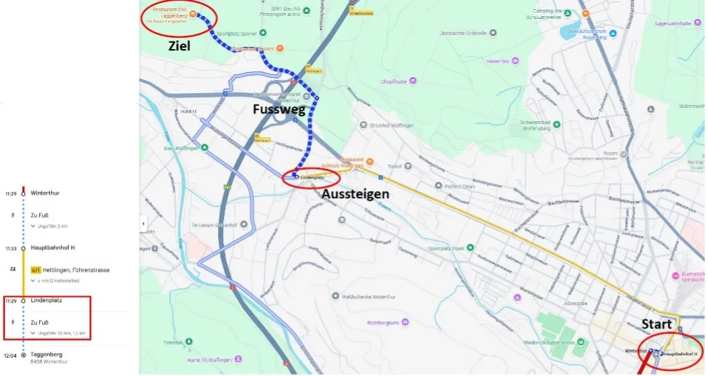 Fussweg von der Haltestelle Lindenplatz zum Taggenberg