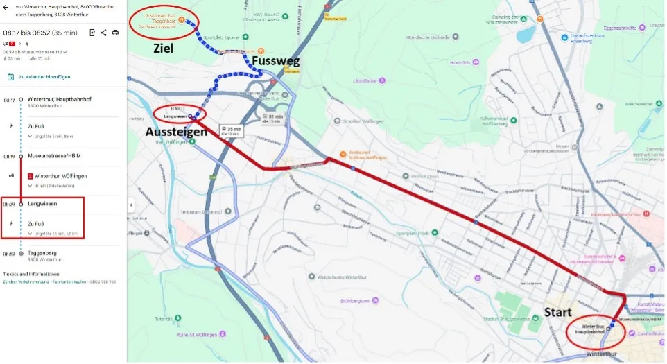 Fussweg von der Haltestelle Langwiesen zum Taggenberg